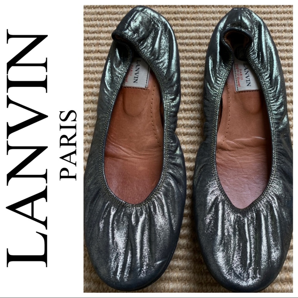 Lanvin Metallic Charcoal Leather Ballet Flats